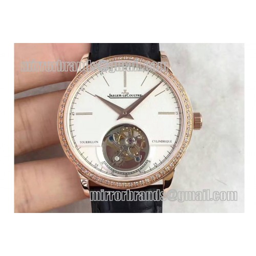 Jaeger-LeCoultre Master Tourbillon RG TF Best Edition White Dial Diamonds Bezel on Brown Leather Strap