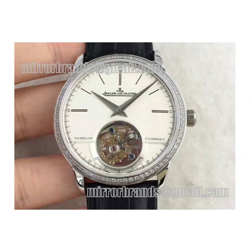 Jaeger-LeCoultre Master Tourbillon SS TF Best Edition White Dial Diamonds Bezel on Black Leather Strap