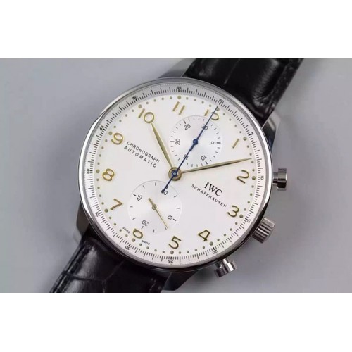 IWC Portuguese Chronograph Automatic SS White Dial Gold Markers on Black Leather Strap A7750