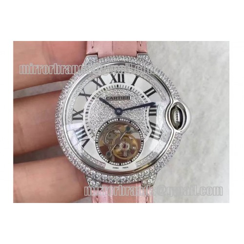 Ballon Bleu de Cartier Ladies 39mm Tourbillon Full Paved Diamonds Dial SS on Pink Leather Strap