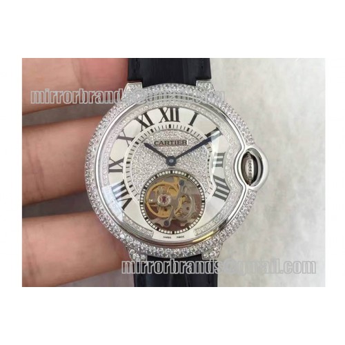 Ballon Bleu de Cartier Ladies 39mm Tourbillon Full Paved Diamonds Dial SS on Black Leather Strap