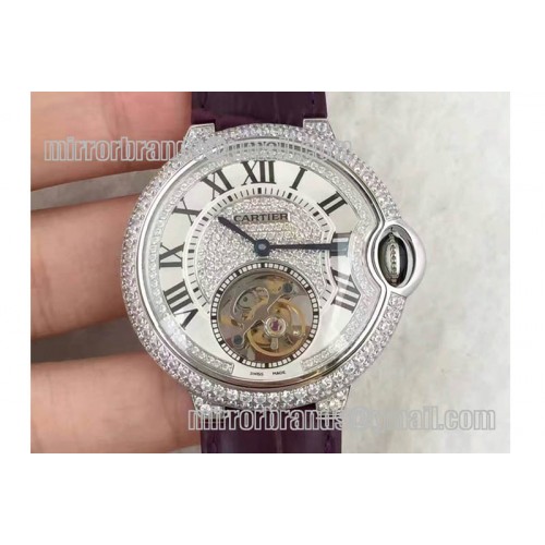 Ballon Bleu de Cartier Ladies 39mm Tourbillon Full Paved Diamonds Dial SS on Purple Leather Strap