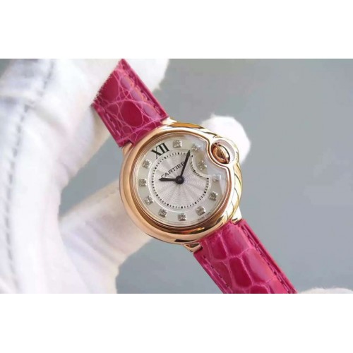 Cartier Ballon Bleu 28.5mm Ladies RG White Dial Diamond Marker on Black/Pink/Deep Pink/Brown/Blue Strap Ronda Quartz
