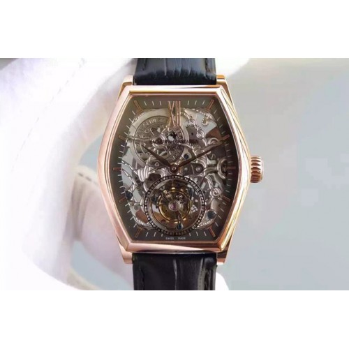 Vacheron Constantin Malte Tourbillon RG Skeleton Silver Dial on Black Leather Strap