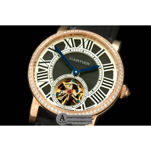 Cartier Ronde de Cartier Tourbillon Rose Gold Leather Black Asian 2813 Replica Watches