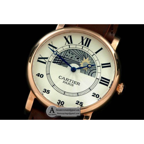 Cartier Ronde De Cartier Day Phase Rose Gold Leather White Jap Quartz Replica Watches