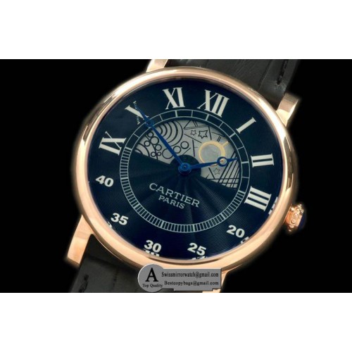 Cartier Ronde De Cartier Day Phase Rose Gold Leather Black Jap Quartz Replica Watches