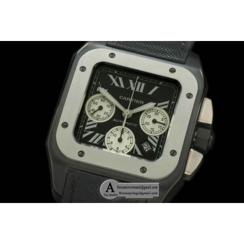 Cartier Santos 100 Chrono DLC Nylon Black Asian 7753 Replica Watches