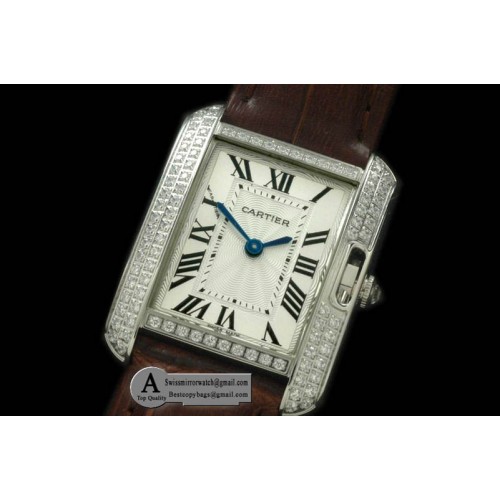 Cartier Tank Anglaise SS Leather White Jap Quartz Replica Watches