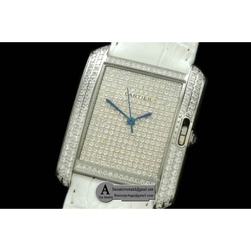 Cartier Tank Anglaise SS Leather Diamond Jap Quartz Replica Watches