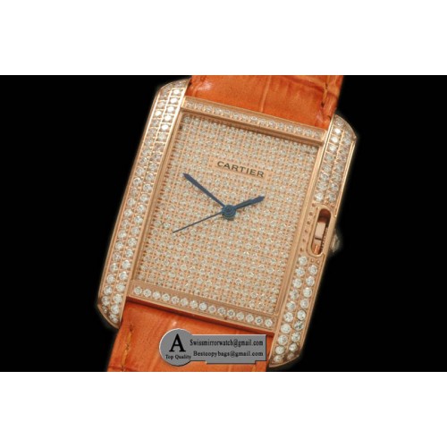 Cartier Tank Anglaise Rose Gold Leather Diamond Jap Quartz Replica Watches