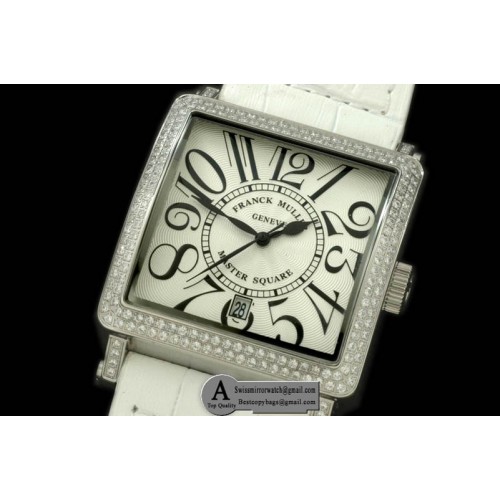 Franck Muller Men Master Square SS Leather White Diamond Jap Quartz