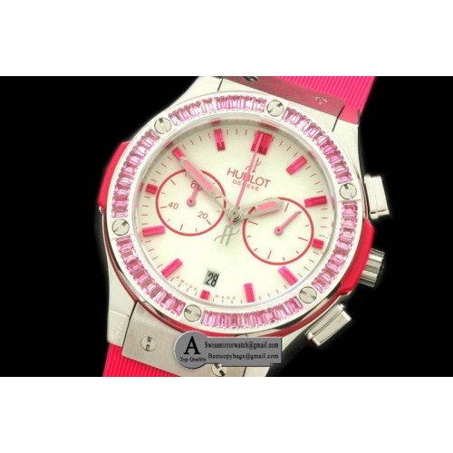 Hublot Ladies Classic Fusion Chrono SS Rubber White Pink Jap Qtz Replica Watches