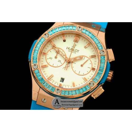 Hublot Ladies Classic Fusion Chrono Rose Gold Rubber White Blue Jap Qtz Replica Watches