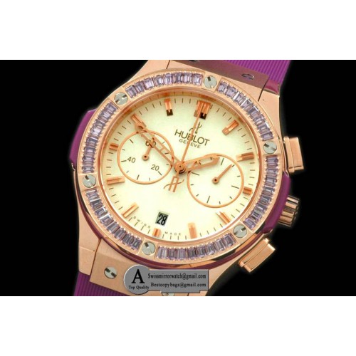 Hublot Ladies Classic Fusion Chrono Rose Gold Rubber White Vio Jap Qtz Replica Watches