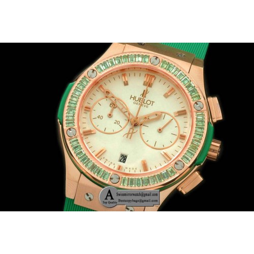 Hublot Ladies Classic Fusion Chrono Rose Gold Rubber White Green Jap Qtz Replica Watches