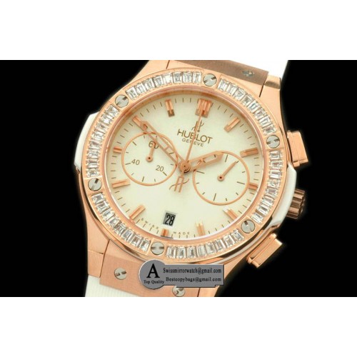 Hublot Ladies Classic Fusion Chrono Rose Gold Rubber White White Jap Qtz Replica Watches