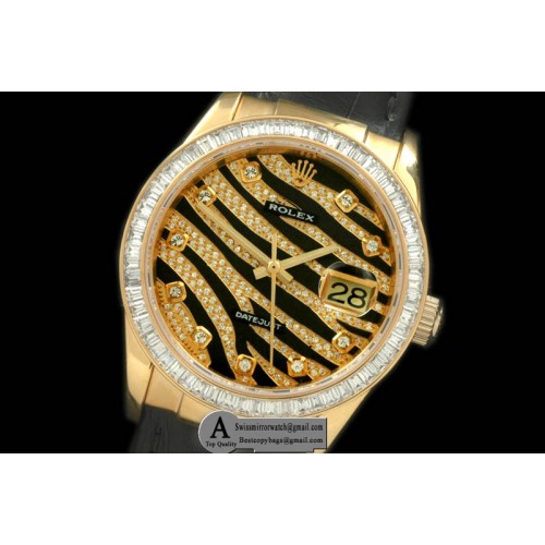 Rolex Datejust Royal Black Yellow Gold Sq Cut Diamond Leather Swiss Eta 2836 2 Replica Watches