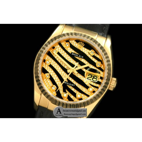 Rolex Datejust Royal Black Fluted Yellow Gold Leather Swiss Eta 2836 2 Replica Watches