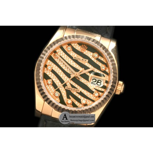 Rolex Datejust Royal Black Fluted Rose Gold Leather Swiss Eta 2836 2 Replica Watches