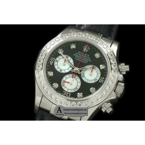 Rolex Daytona 2011 SS Diamond Leather Black White Diamond A-7750 Sec@6 28800 Replica Watches