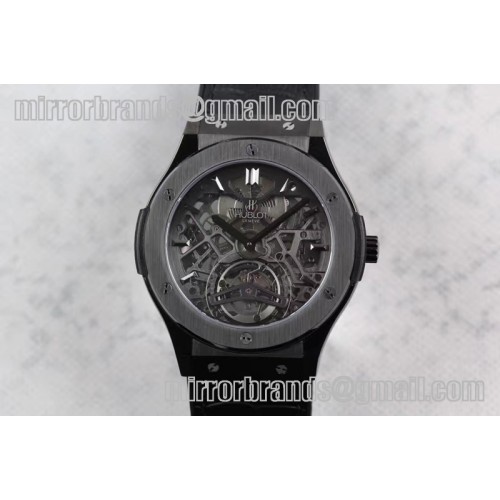 Hublot Classic Fusion Manual Tourbillon 45mm PVD TF Best Edition Black Skeleton Dial on Black Gummy Strap A23J