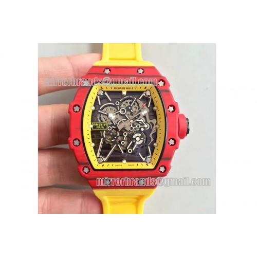 Richard Mille RM 035-2 Red Forged Carbon Yellow Inner Bezel Skeleton Dial on Yellow Rubber Strap MIYOTA9015