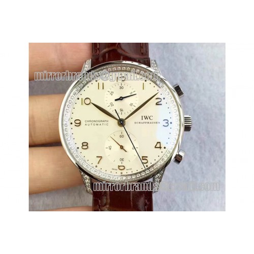 IWC Portuguese IW3714 Diamond White Dial RG Numbers Makers on Brown Leather Strap A79350