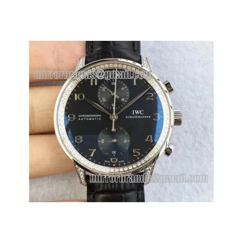 IWC Portuguese IW3714 Diamond Black Dial on Black Leather Strap A79350 (Slim Movement)