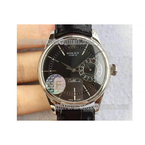 Rolex Cellini Date SS Black Dial Sticks Markers on Black Leather Strap A3165