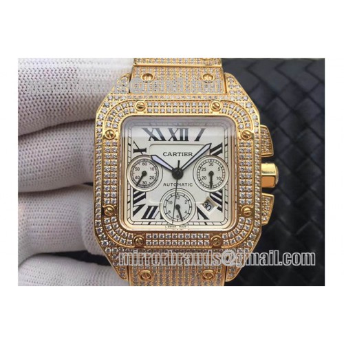 CartierCartier Santos 100 Chrono Full Yellow Gold Wrapped Full Diamond A7753