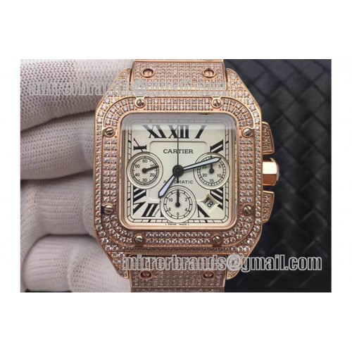 Cartier Santos 100 Chrono Full Rose Gold Wrapped Full Diamond A7753
