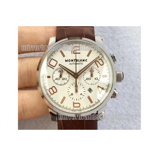 Montblanc Timewalker Chrono SS White with 3 sub-dials RG Marker Leather Strap