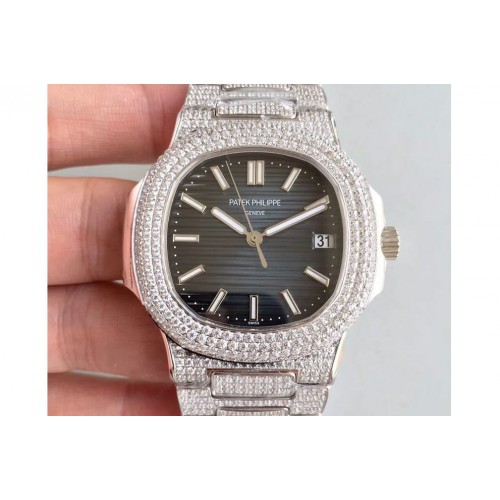 Patek Philippe Nautilus Jumbo 5711 MKF Blue Textured Dial Full Diamond Bezel and Strap