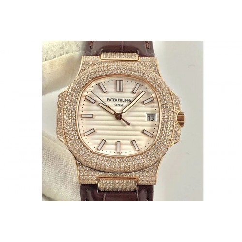 Patek Philippe Nautilus Jumbo 5719 RG MKF White Textured Dial Diamond Bezel