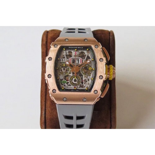 Richard Mille RM011-03 RG Chronograph RG Case KVF 1:1 Best Edition Crystal Skeleton Dial on Gray Rubber Strap A7750 Richard Mille RM011-03 RG Chronograph RG Case KVF 1:1 Best Edition Crystal Skeleton Dial on Gray Rubber Strap A7750