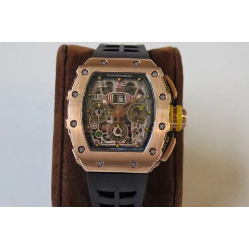Richard Mille RM011 RG Chronograph RG Case KVF 1:1 Best Edition Crystal Skeleton Dial on Black Rubber Strap A7750