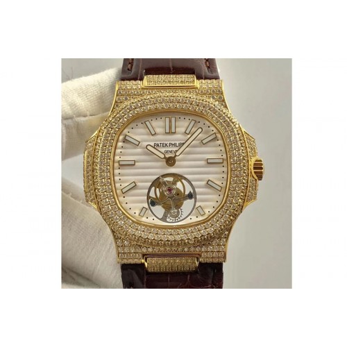 Patek Philippe Nautilus Jumbo 5711 Tourbillion YG Full Paved Diamonds White Dial