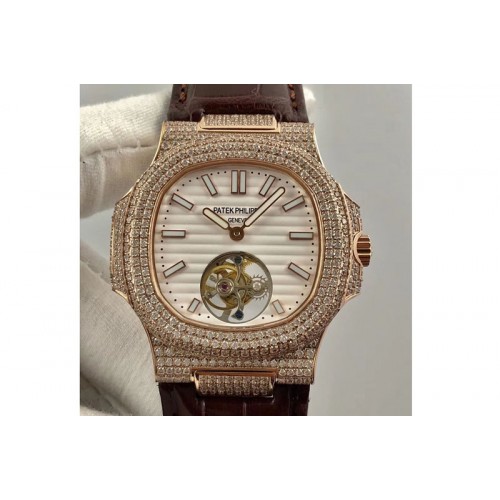 Patek Philippe Nautilus Jumbo 5711 Tourbillion RG Full Paved Diamonds White Dial