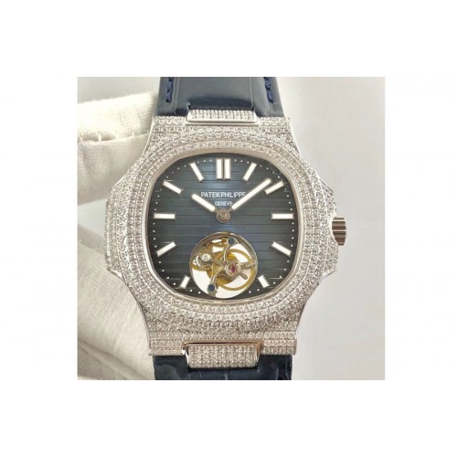 Patek Philippe Nautilus Jumbo 5711 Tourbillion SS Full Paved Diamonds Blue Dial