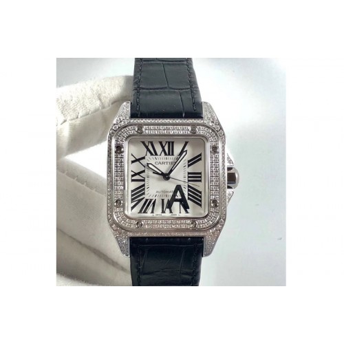 Cartier Santos-100 SS Diamond Paved White Dial on Black Leather Strap ETA 2671