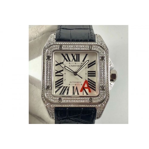 Cartier Santos-100 SS Diamond Paved White Dial on Black Leather Strap ETA 2824