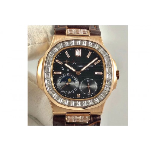 Patek Philippe Nautilus 5724G Moonphase Diamond Bezel RG/LE Black Dial