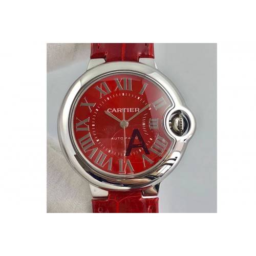 Cartier Ballon Bleu 33mm SS 1:1 Best Edition Pink Textured Dial Red Leather Strap Quartz