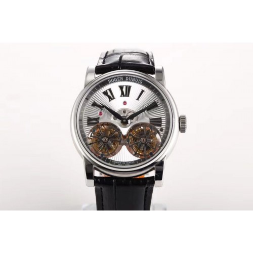Roger Dubuis Hommage Rddbho0562 SS JBF Sliver Dial On Black Croco Leather Strap Double Tourbillion