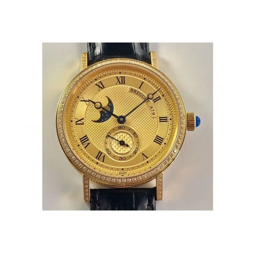 Breguet Classique 4396 Complicated YG Diamond Bezel Gold Textured Dial Leather Strap Cal.5165R