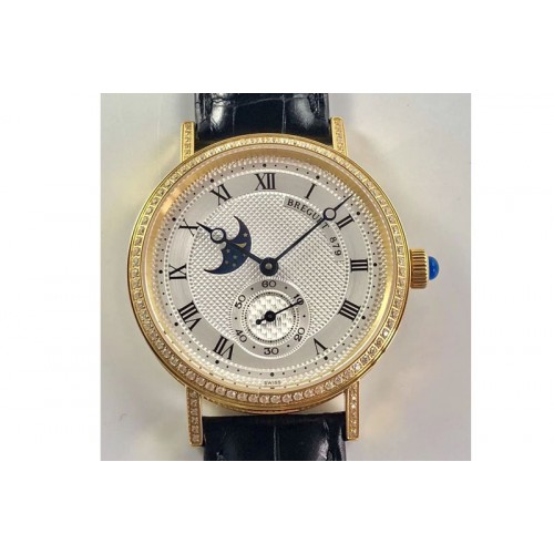 Breguet Classique 4396 Complicated YG Diamond Bezel White Textured Dial Leather Strap Cal.5165R
