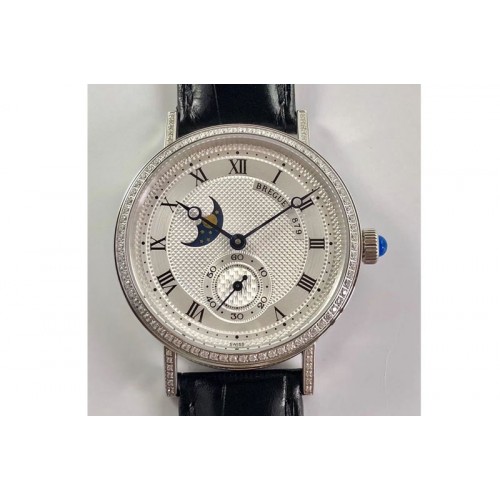 Breguet Classique 4396 Complicated SS Diamond Bezel White Textured Dial Leather Strap Cal.5165R