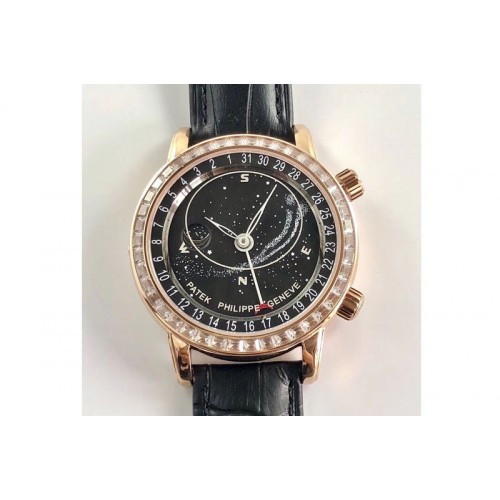 Patek Philippe 6104P Moon RG Black Dial Diamond Bezel on Black Leather Strap A240 Patek Philippe 6104P Moon RG Black Dial Diamond Bezel on Black Leather Strap A240