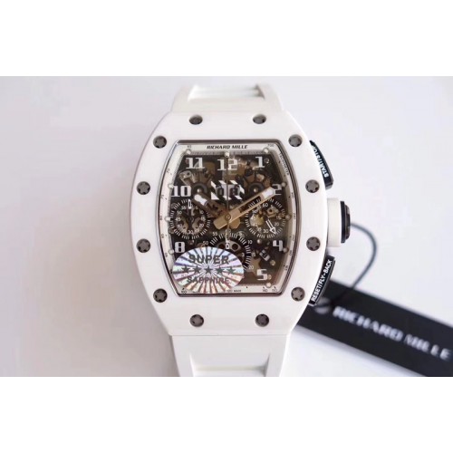 Richard Mille RM011 Carbon Case Chronograph KVF 1:1 Best Edition White Ceramic Bezel Skeleton Dial on White Rubber Strap A7750